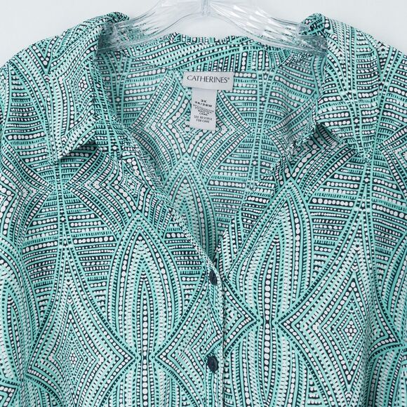 Catherines Button Front Top 3/4 Roll Tab Sleeve Womens 3X Aqua Green Geo Print - Picture 6 of 16